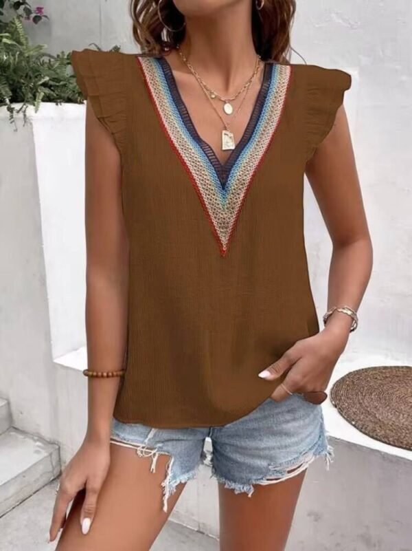 Vintage Shirt Women's Deep V Lace Hollow-out Short-sleeved Top - Image 3