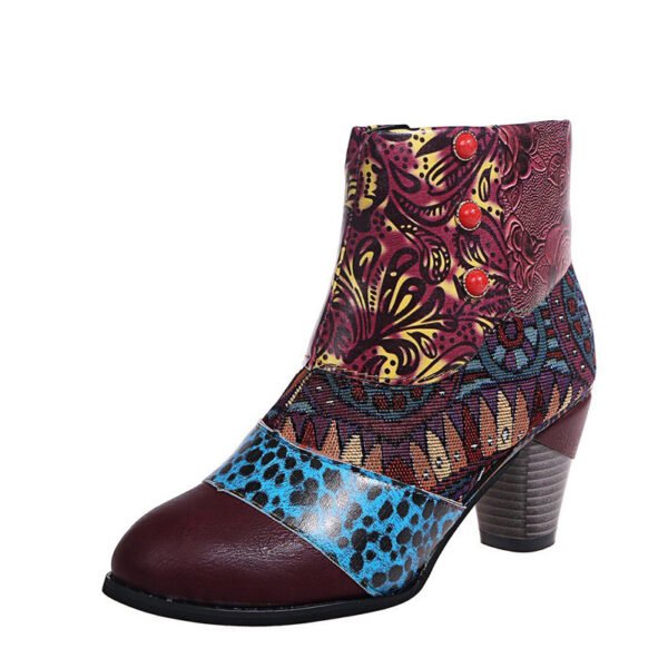 Bohemian Women's Ethnic Style Retro Stitching High-heeled Ankle Boots - Image 2