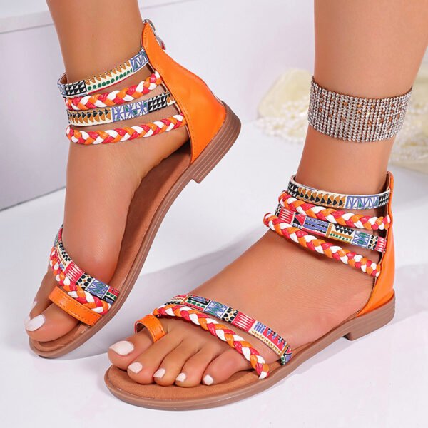 Ethnic Style Flat Sandals Summer Clip Toe Colorful Weave-straped Shoes With Back Zipper Women's Bohemian Beach Shoes