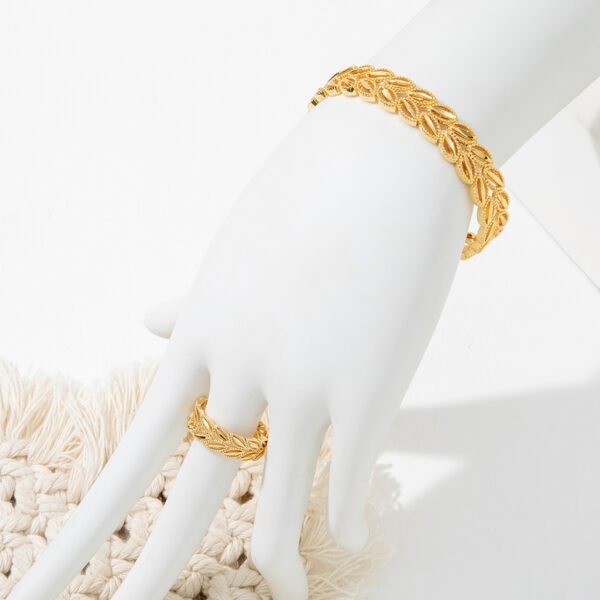 2Pcs Fashion 18k Gold Plated Wheat Ear Leaves Opening Bracelet Ring Set Suitable For Women's Daily Wear Holiday Jewelry Gifts - Image 2