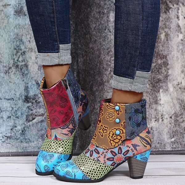 Bohemian Women's Ethnic Style Retro Stitching High-heeled Ankle Boots - Image 9