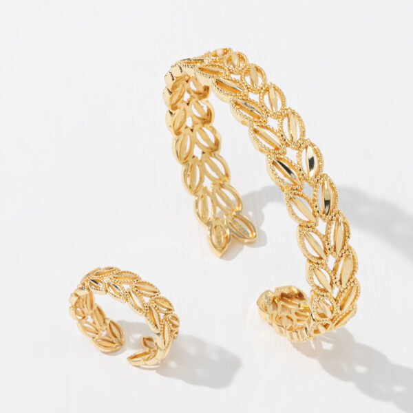 2Pcs Fashion 18k Gold Plated Wheat Ear Leaves Opening Bracelet Ring Set Suitable For Women's Daily Wear Holiday Jewelry Gifts - Image 3