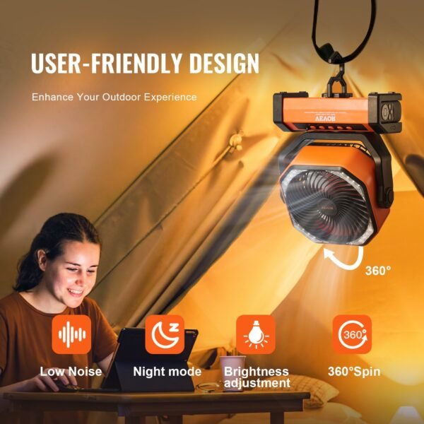 VEVOR Portable Fan Rechargeable 9 Inch, Battery Powered Fan With LED Lantern, 4 Speeds Adjustable  Automatic Swivel & Timer , USB Battery Operated Fans For Travel Bedroom Home Camping Office - Image 5