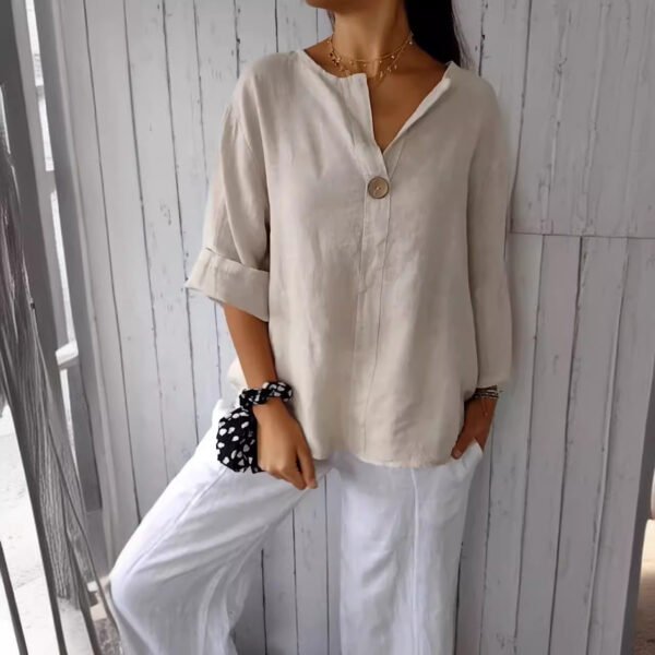 European And American Loose T-shirt Women's V-neck Cotton And Linen Button Top - Image 5