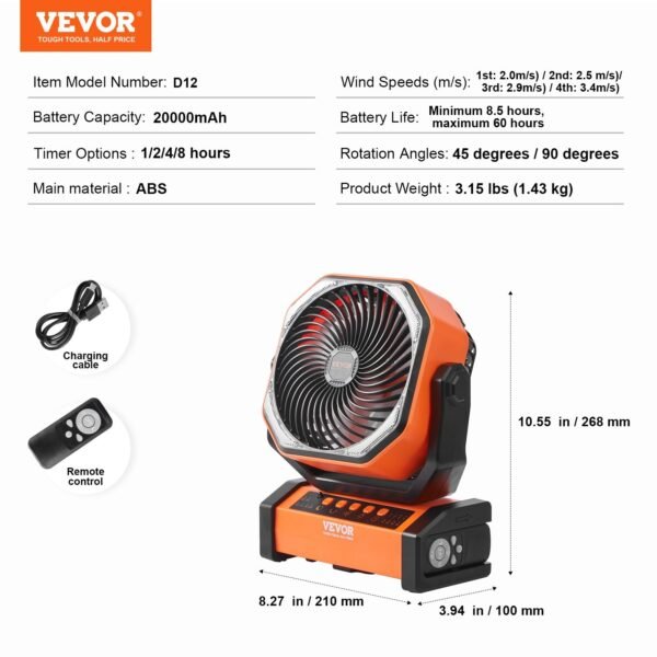 VEVOR Portable Fan Rechargeable 9 Inch, Battery Powered Fan With LED Lantern, 4 Speeds Adjustable  Automatic Swivel & Timer , USB Battery Operated Fans For Travel Bedroom Home Camping Office - Image 3