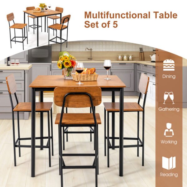5 Pieces Industrial Dining Table Set With Counter Height Table And 4 Bar Stools - Image 5