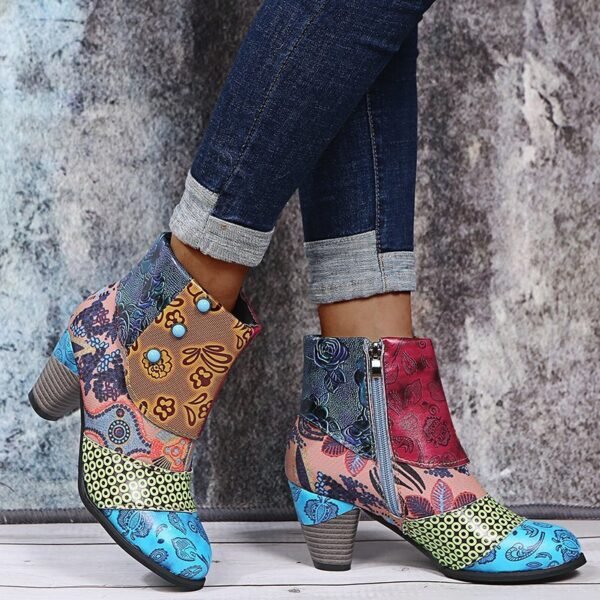 Bohemian Women's Ethnic Style Retro Stitching High-heeled Ankle Boots - Image 3