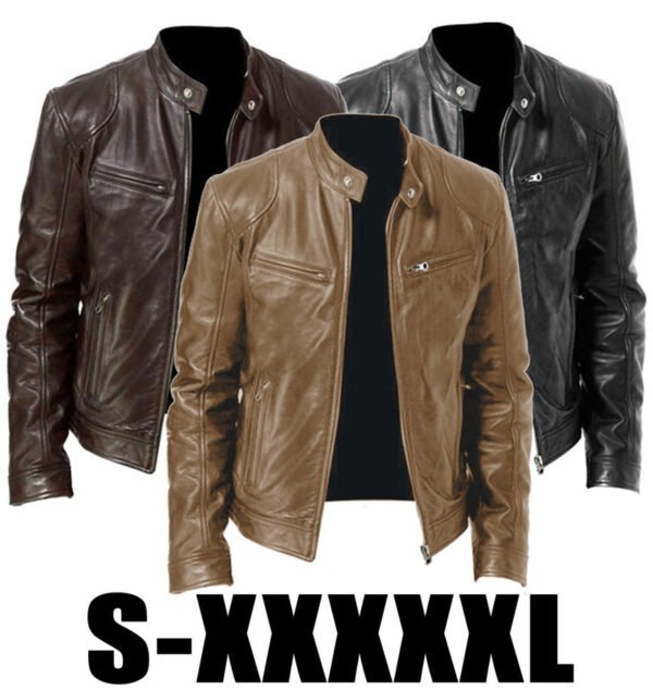 Gentleman's Warm Zipper Cardigan Pocket Decorated Pu Leather Coat - Image 9