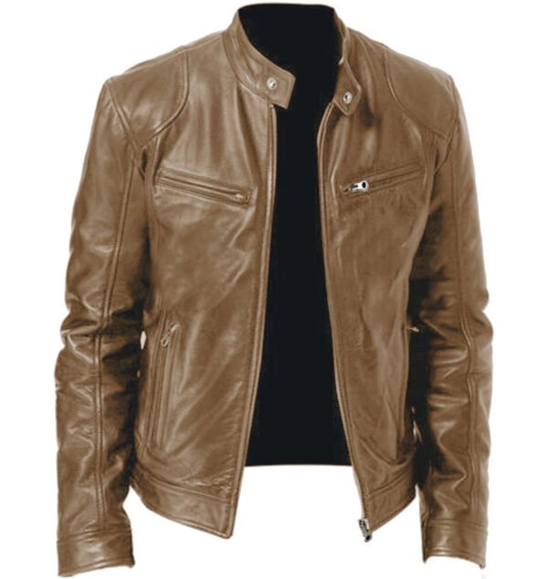 Gentleman's Warm Zipper Cardigan Pocket Decorated Pu Leather Coat - Image 6