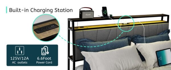 Full Bed Frame With Storage, Ergonomic Headboard, Bed Frame With 2 Storage Drawers, Built In Charging Station & LED, Outlets & USB, Full Size, Noise Free, No Box Spring Needed, Rustic Brown - Image 6