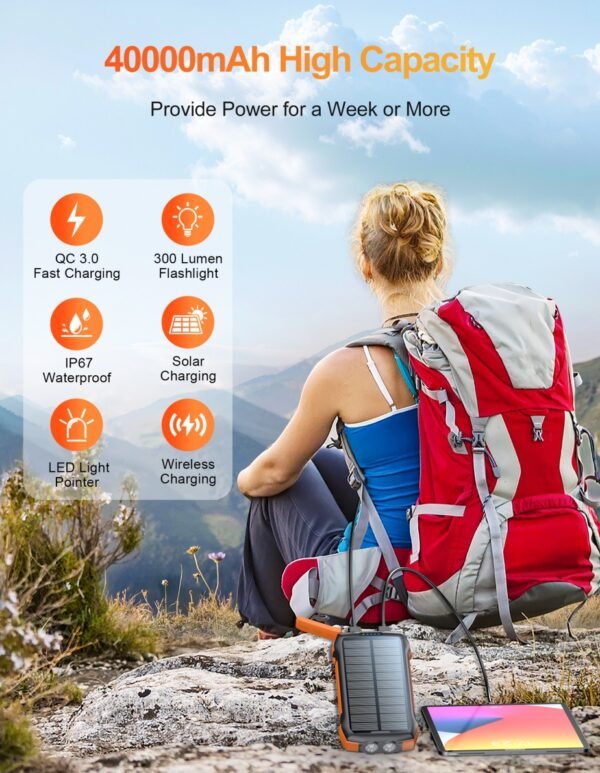New Product Large Capacity 20000mAh 3 USB C Flashlight Ip67 Waterproof High-speed Wireless Charger Solar Power Bank - Image 6