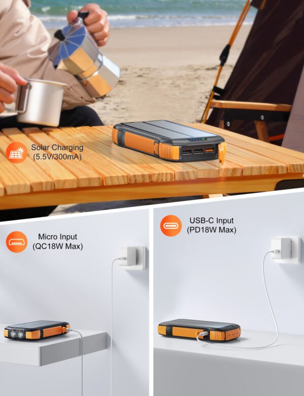 New Product Large Capacity 20000mAh 3 USB C Flashlight Ip67 Waterproof High-speed Wireless Charger Solar Power Bank - Image 3