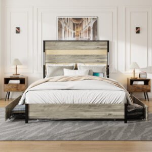 Queen Size Bed Frame With Headboard And 4 Storage Drawers , Queen Bed Frame With Charging Station And LED Lights, Wood Slats, Easy Assembly,No Box Spring Needed,Industrial Gray