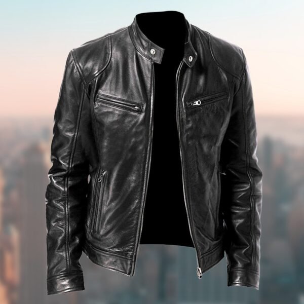 Gentleman's Warm Zipper Cardigan Pocket Decorated Pu Leather Coat - Image 7