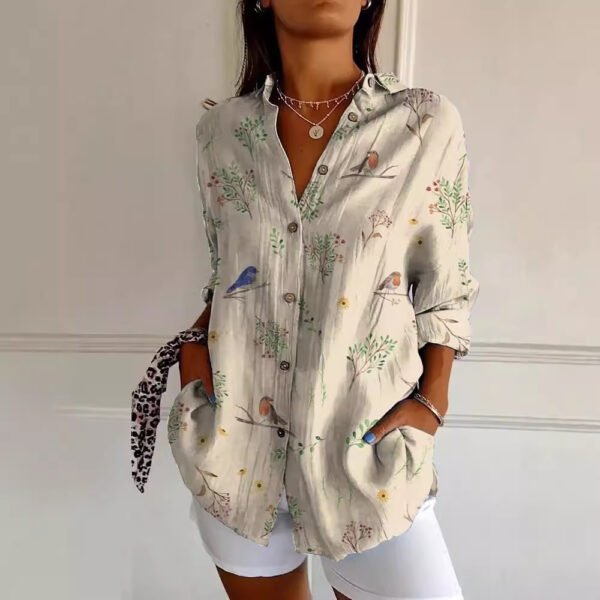 Flowers Print Long Sleeve Shirt Fashion Stand Collar Button Tops For Women Clothing - Image 9