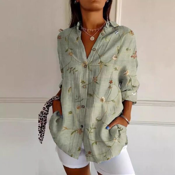 Flowers Print Long Sleeve Shirt Fashion Stand Collar Button Tops For Women Clothing - Image 7