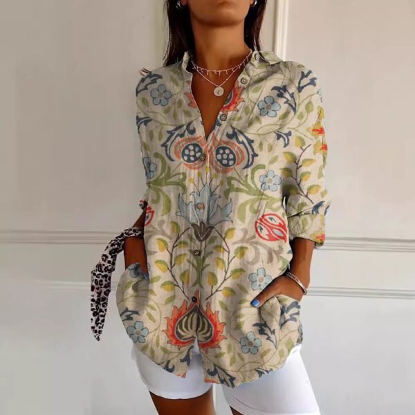 Flowers Print Long Sleeve Shirt Fashion Stand Collar Button Tops For Women Clothing - Image 5