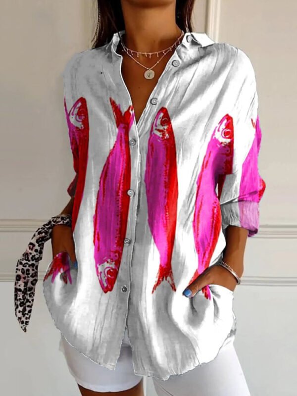 Flowers Print Long Sleeve Shirt Fashion Stand Collar Button Tops For Women Clothing - Image 10