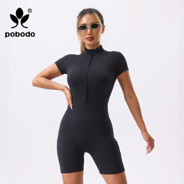 Stand Up Collar Zipper Short Jumpsuit - Image 6