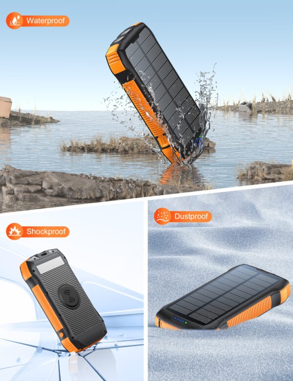 New Product Large Capacity 20000mAh 3 USB C Flashlight Ip67 Waterproof High-speed Wireless Charger Solar Power Bank - Image 7