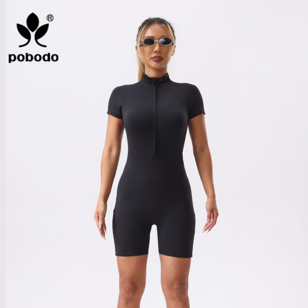 Stand Up Collar Zipper Short Jumpsuit - Image 7