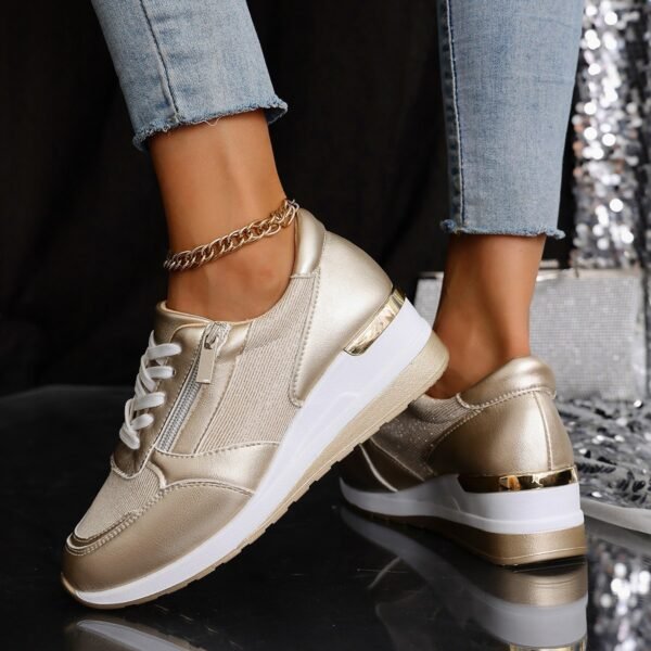 Women's Lace-up Casual Shoes FFashion Side Zipper Design Thick-soled Shoes Walking Running Sports Sneakers - Image 2