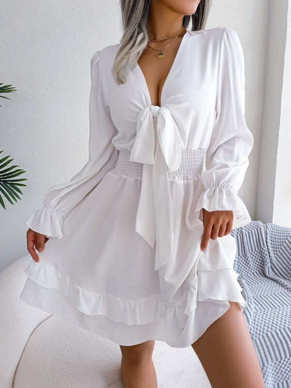 Summer Dresses Solid Color V-neck Long Sleeve Dress For Women Sexy V-neck Lace Up A-line Dress Women's Beach Dress - Image 6