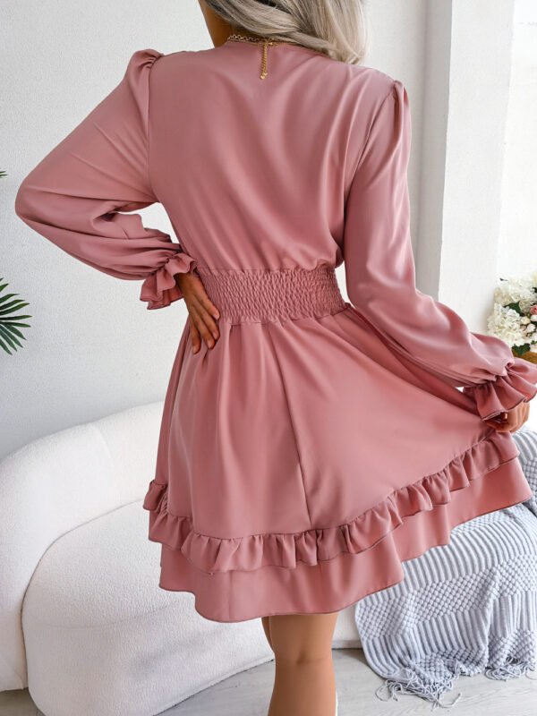Summer Dresses Solid Color V-neck Long Sleeve Dress For Women Sexy V-neck Lace Up A-line Dress Women's Beach Dress - Image 8