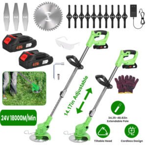 4V 300W Cordless Grass Trimmer Rechargeable Lawn Mower 18000M-Min Weed Cutter With Saw Blade 2 Stainless Steel Blades 10 Plastic Blades 2 Rechargeable Batteries Goggles Gloves
