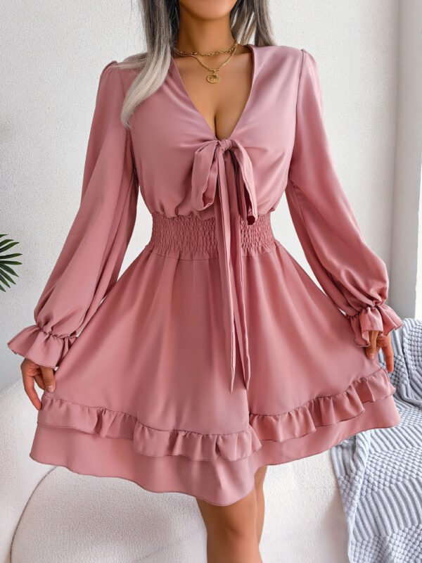 Summer Dresses Solid Color V-neck Long Sleeve Dress For Women Sexy V-neck Lace Up A-line Dress Women's Beach Dress - Image 10